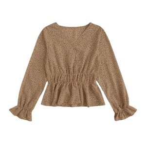 1X SHEIN Tan Brown Allover Print Long Sleeve Peplum Wrap V Neck Blouse Top Shirt